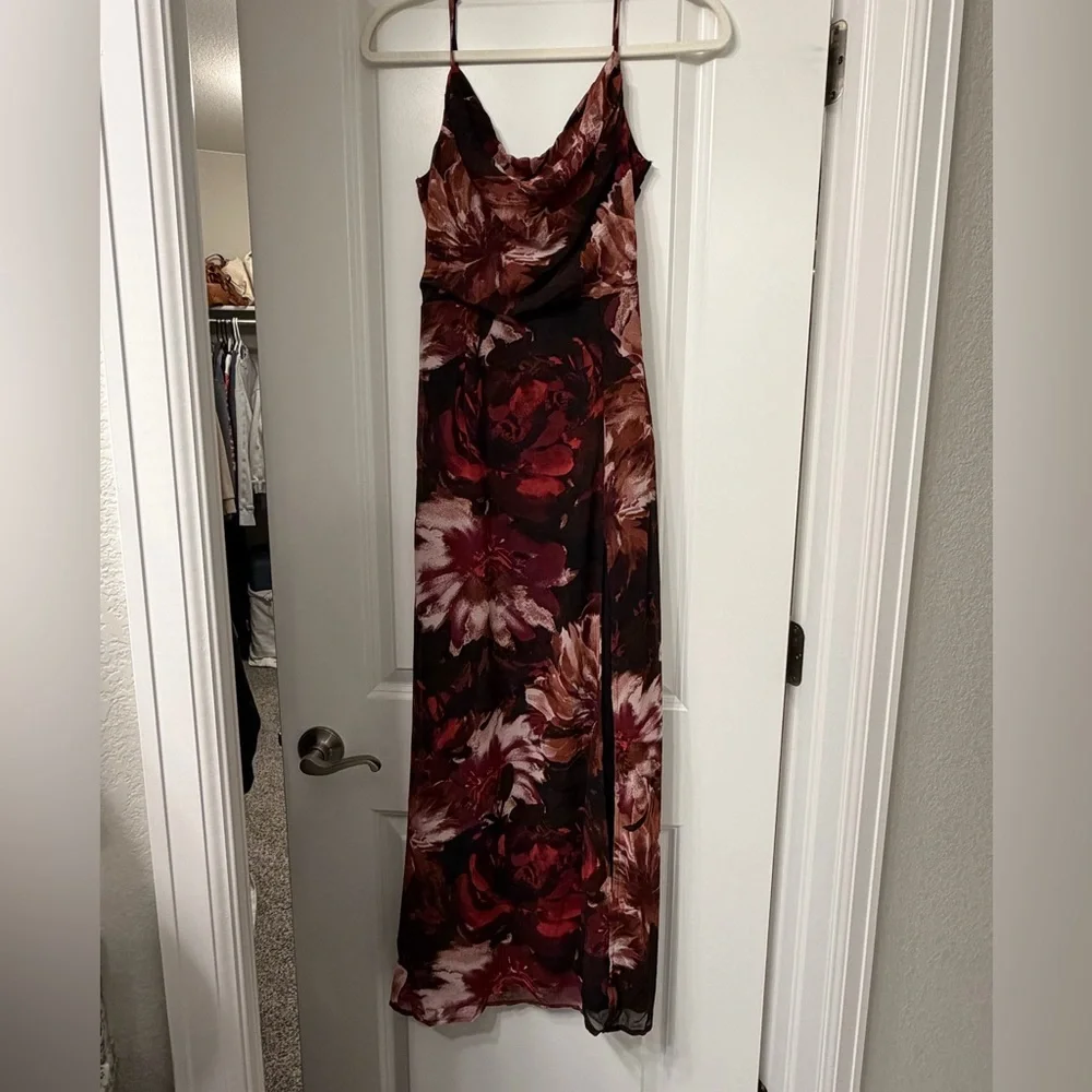 Lulus Flowery Passion Burgundy Floral Print Cowl Neck Midi Dress size small - Picture 3 of 8